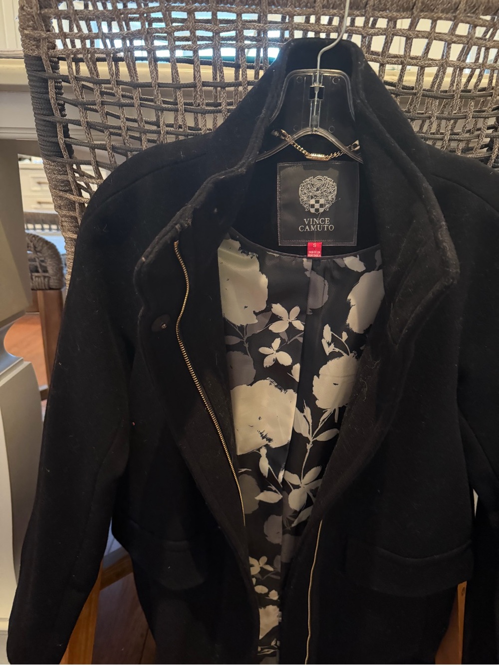 Vince Camuto Black Pea Coat with Floral Lining